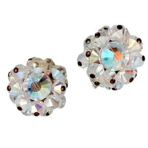 VTG MCM Signed Hobé Clip-On Earrings Aurora Borealis Crystal Cluster 1950s 1960s